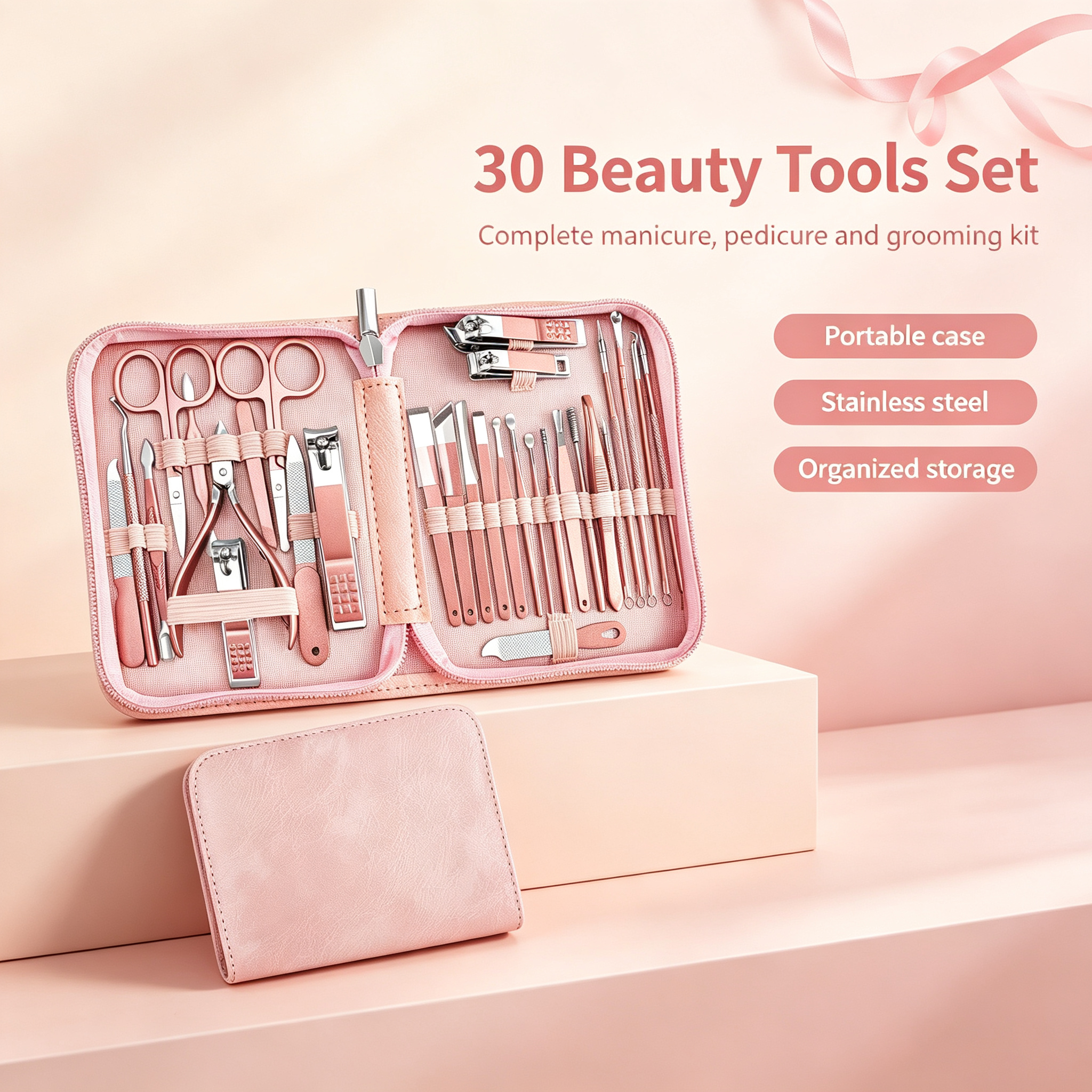 30-Piece Multi-Function Beauty Care Tool Set – Stainless Steel Manicure, Pedicure, Eyebrow & Facial Grooming Kit with Zippered Portable Case