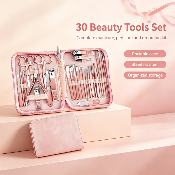 30-Piece Multi-Function Beauty Care Tool Set – Stainless Steel Manicure, Pedicure, Eyebrow & Facial Grooming Kit with Zippered Portable Case