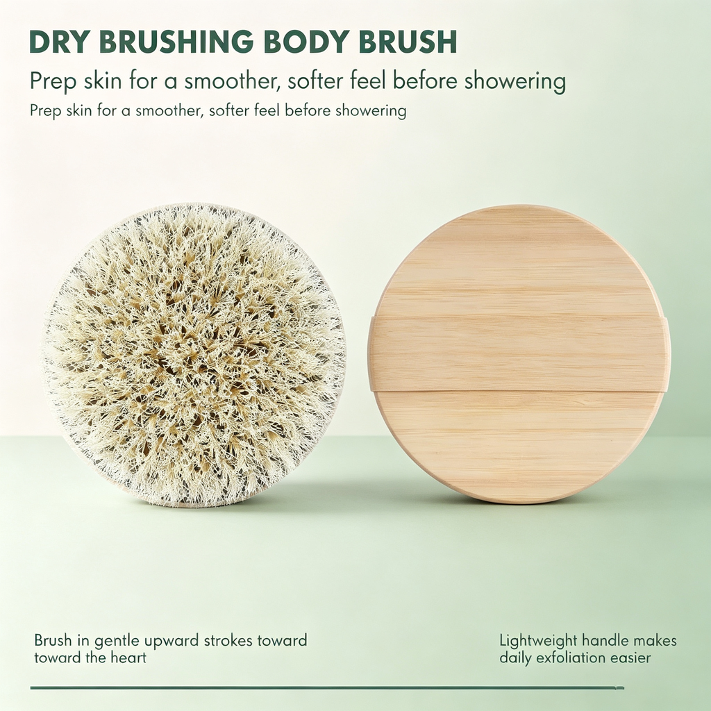 Natural Bristle Dry Body Brush – Bamboo Handle Exfoliating & Massaging Brush for Pre-Shower Use, Promotes Skin Radiance & Circulation