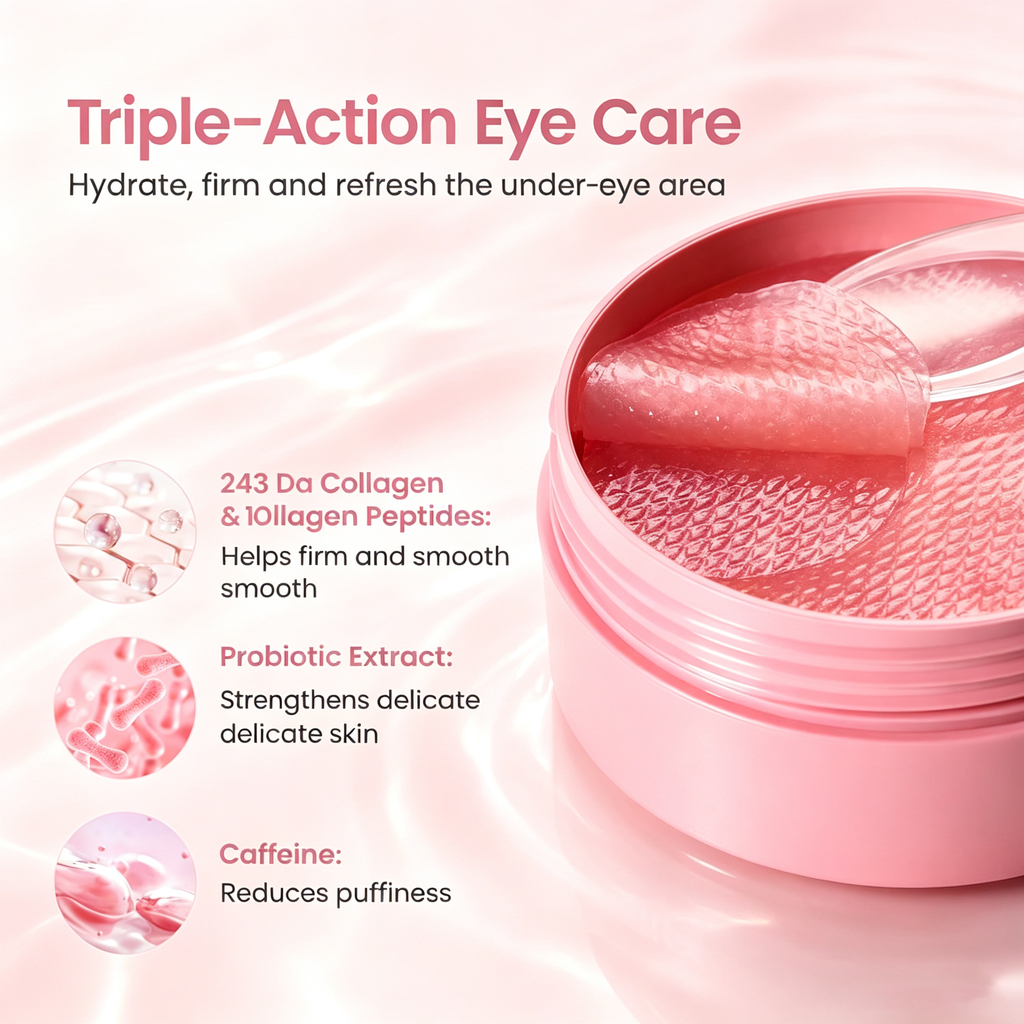 Collagen Hydrogel Eye Patches – 30-Pair Hydrating & Firming Under-Eye Masks with Caffeine & Probiotic Extract, Suitable for All Skin Types