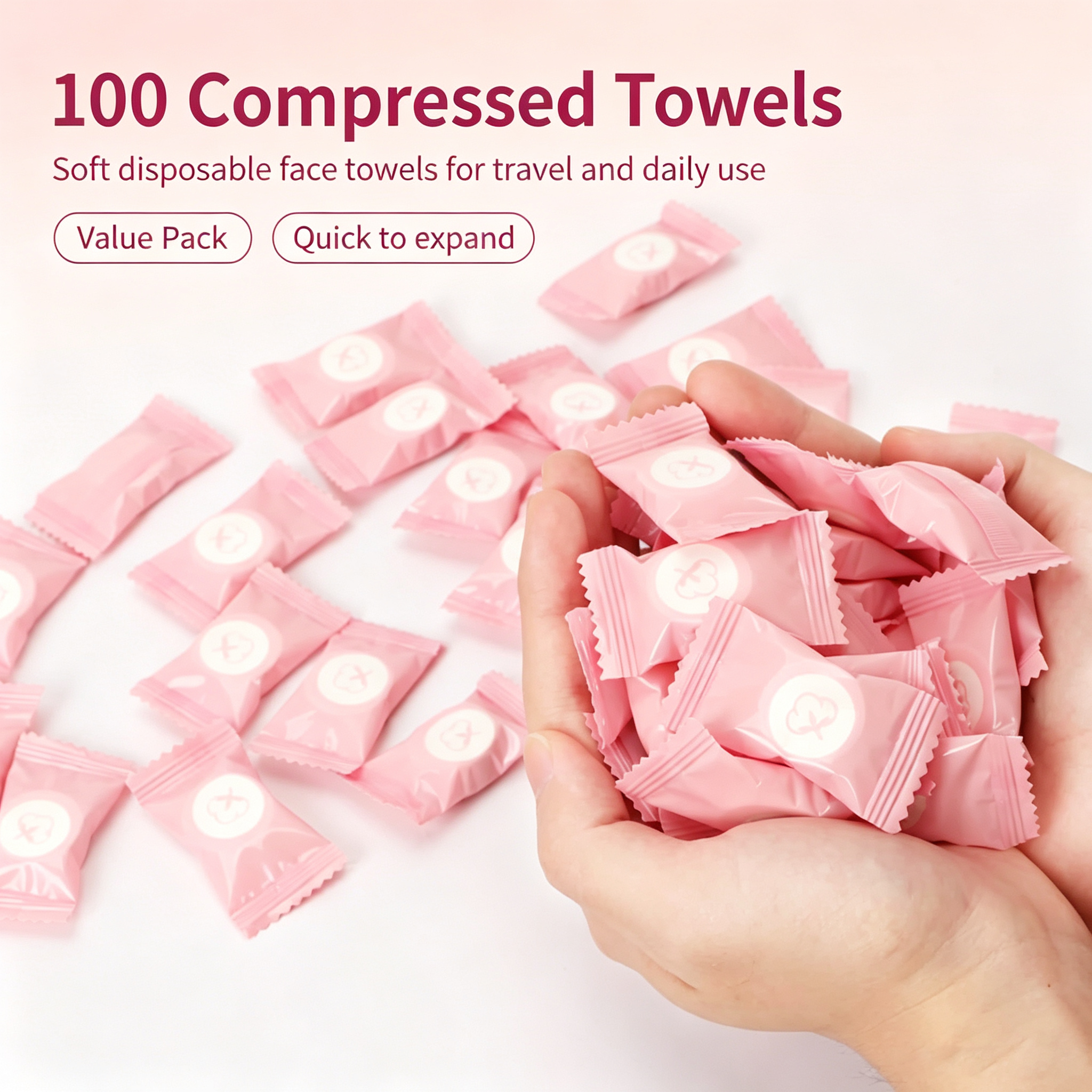 100-Pack Disposable Compressed Towels – Travel-Ready Cotton Face Cloths, Expand Instantly in Water, Individually Wrapped for Hotels, Outdoors & Beauty Salons