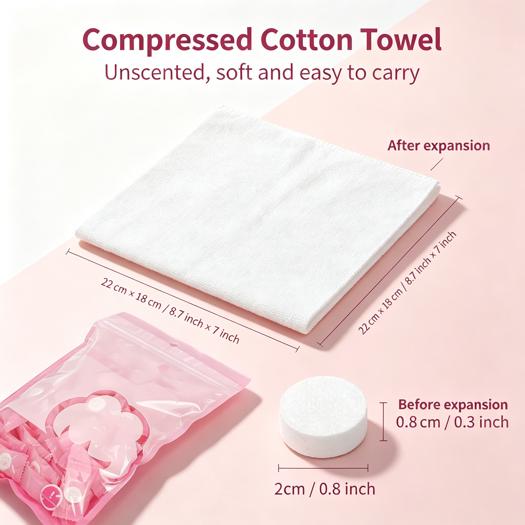 100-Pack Disposable Compressed Towels – Travel-Ready Cotton Face Cloths, Expand Instantly in Water, Individually Wrapped for Hotels, Outdoors & Beauty Salons