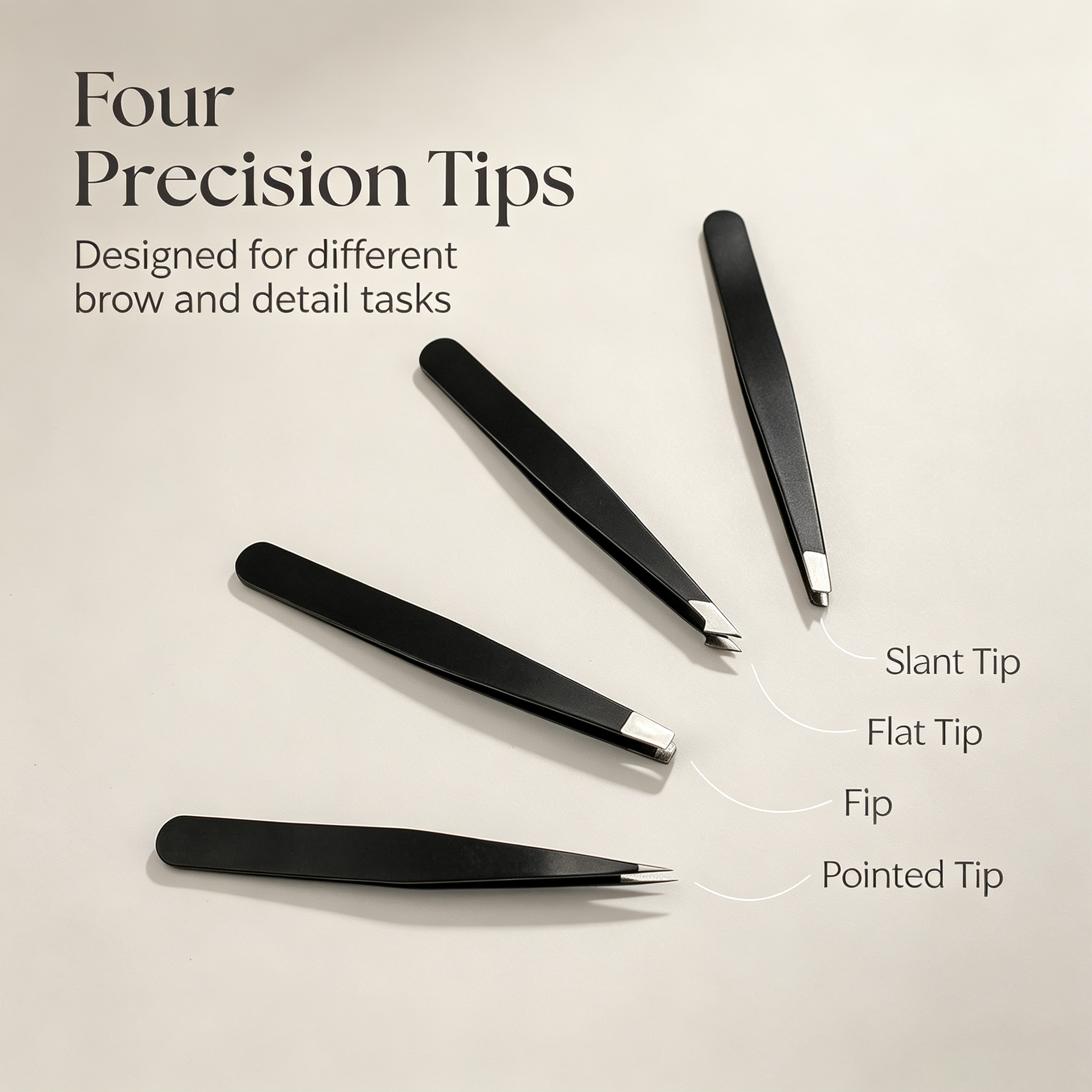 4-Piece Precision Eyebrow Tweezer Set – Stainless Steel Multi-Function Brow Grooming Kit with Portable Leather Case & Built-in Mirror
