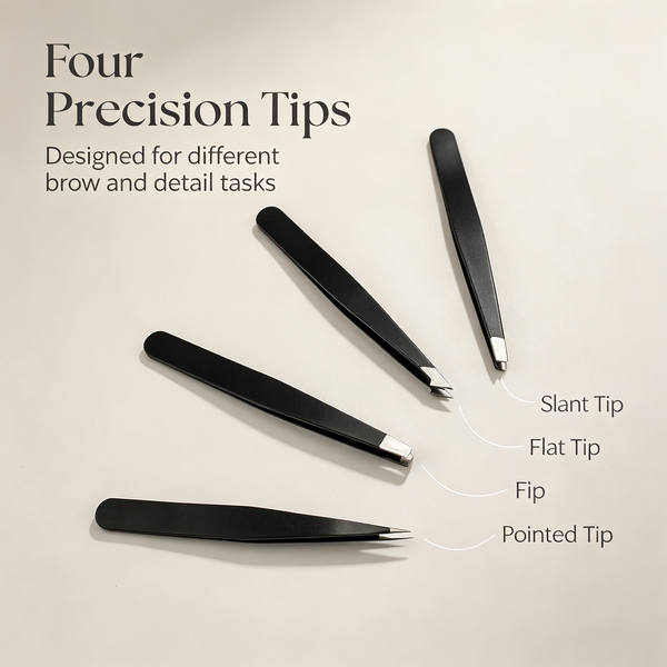 4-Piece Precision Eyebrow Tweezer Set – Stainless Steel Multi-Function Brow Grooming Kit with Portable Leather Case & Built-in Mirror