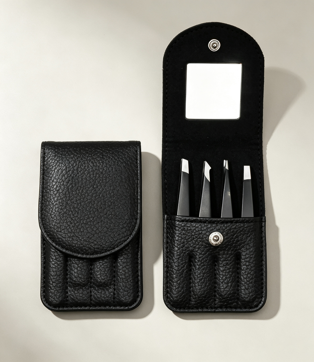 4-Piece Precision Eyebrow Tweezer Set – Stainless Steel Multi-Function Brow Grooming Kit with Portable Leather Case & Built-in Mirror